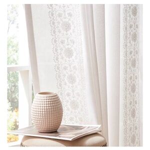 Linen Embroidered Curtains Farmhouse 90” Long Cottagecore Off White 2 Panels